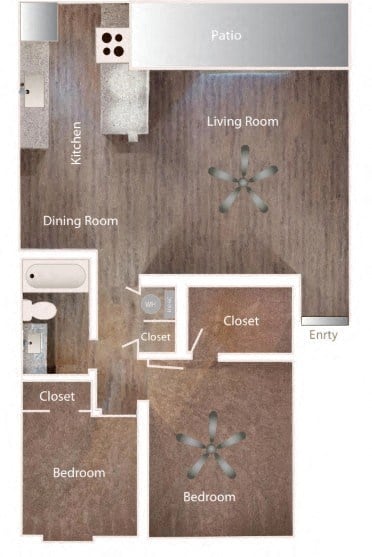 Floor plan for 2 beds, 1 bath, 836 sqft
